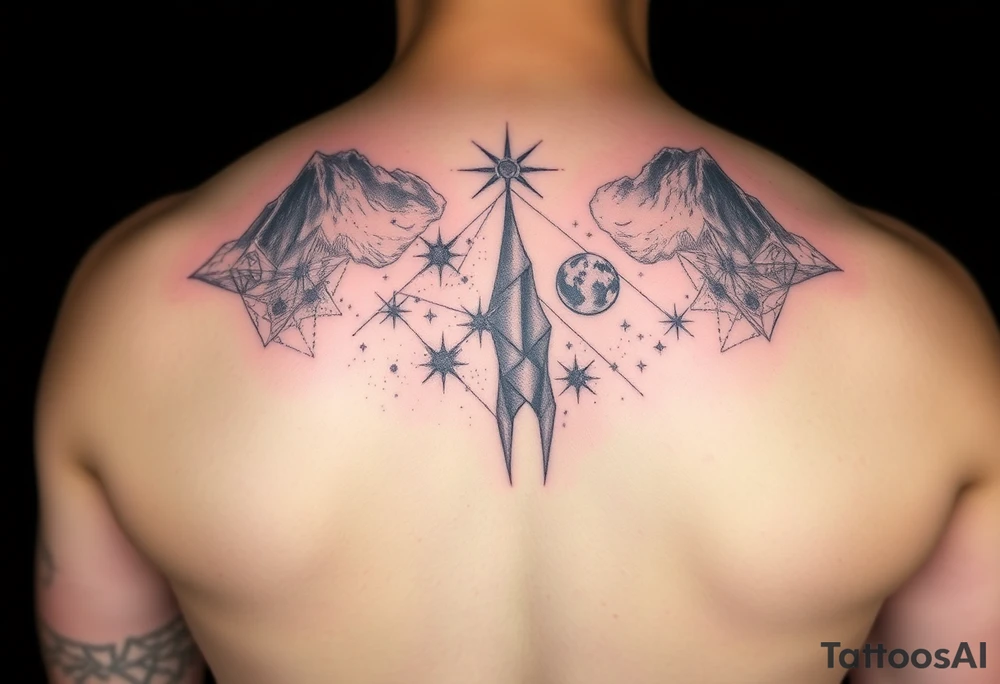 full milky way that covers the upper middle back and is geometric. also has Has hues of color tattoo idea