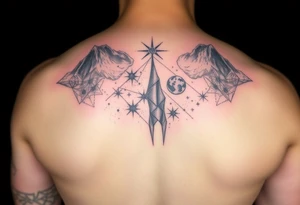 full milky way that covers the upper middle back and is geometric. also has Has hues of color tattoo idea