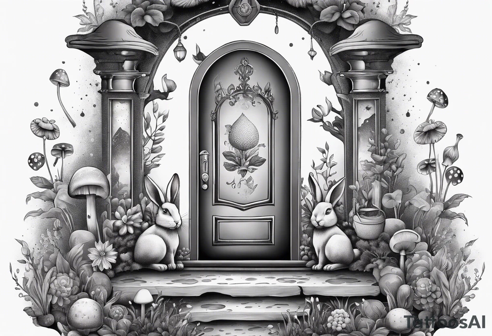 Mystical garden with door and potions and a rabbit and flowers and mushrooms tattoo idea