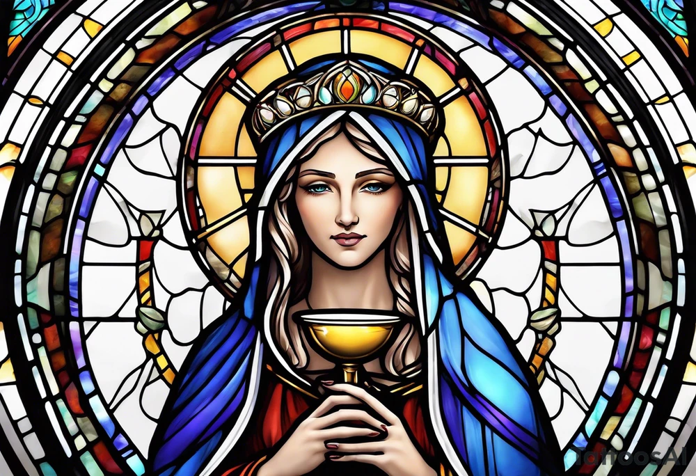 holy saint woman with halo stained glass holding a chalice tattoo idea