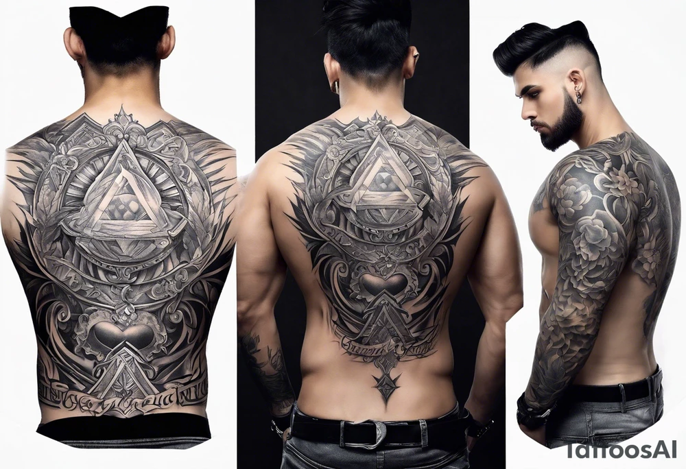 An aesthetic tattoo that is placed on the upper back of a male. It should represent catholic religion, discipline, pain, bodybuilding. tattoo idea