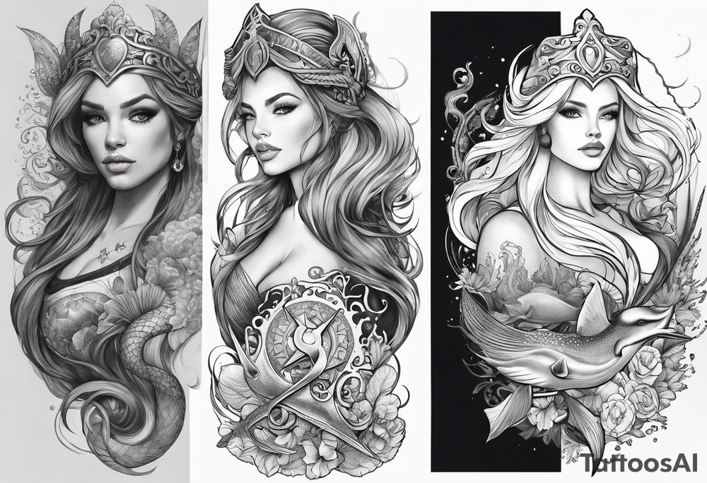 "I want to get a full sleeve tattoo with a sea theme. It should include a half-naked Viking woman, an anchor, a heart, a cross, and a half-naked mermaid. tattoo idea