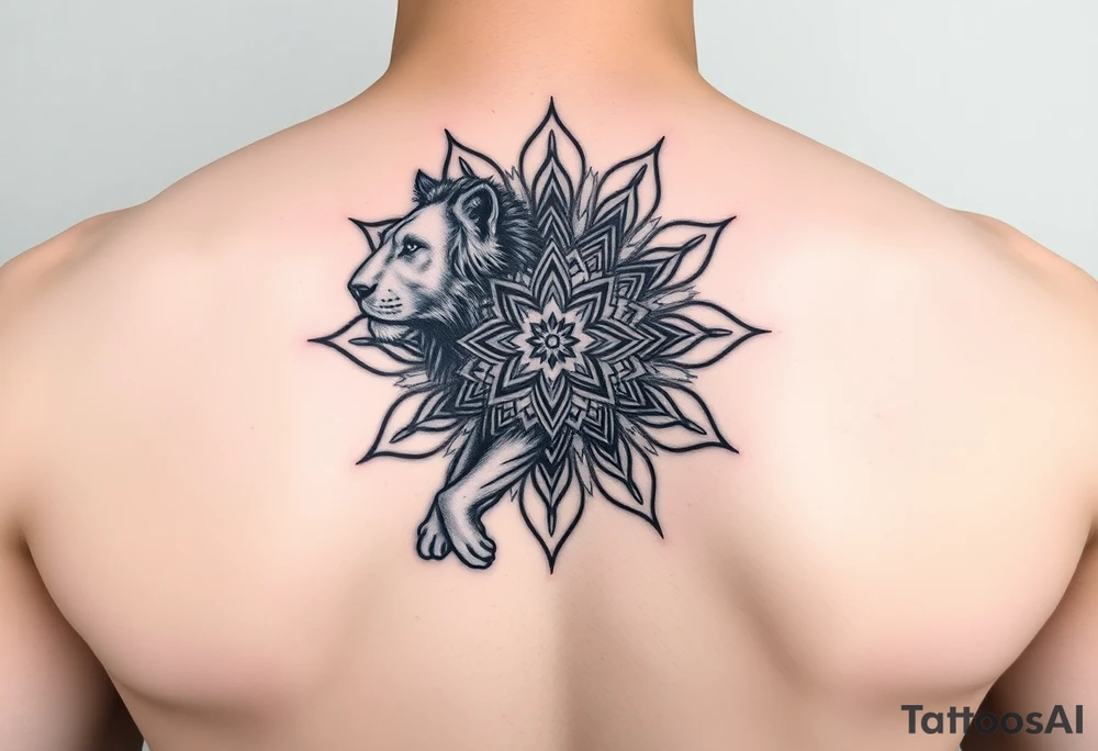 lioness with a mandala behind her tattoo idea