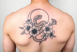A snake slithering in different flowers with a crescent moon in the background, it should be meant for a shoulder tattoo tattoo idea