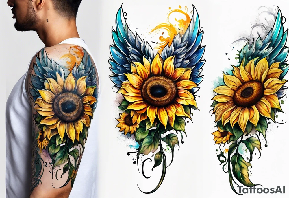 Sunflowers and angel wings leg sleeve tattoo idea