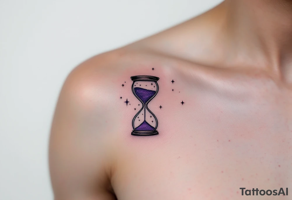 Elegant serif black ink "carpe diem" paired with a purple hourglass filled with stars, hinting at cosmic time on the back side of tight. tattoo idea