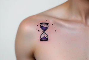 Elegant serif black ink "carpe diem" paired with a purple hourglass filled with stars, hinting at cosmic time on the back side of tight. tattoo idea