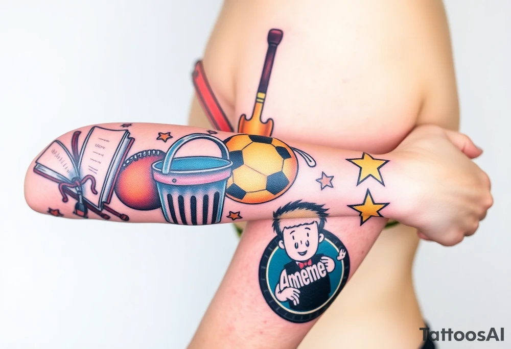 Childhood memories of a book, a bucket and spade, a football, a cricket bat, a cartoon of Dennis the Menace from the Beano comic, and the American Idiot symbol tattoo idea