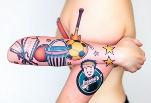 Childhood memories of a book, a bucket and spade, a football, a cricket bat, a cartoon of Dennis the Menace from the Beano comic, and the American Idiot symbol tattoo idea