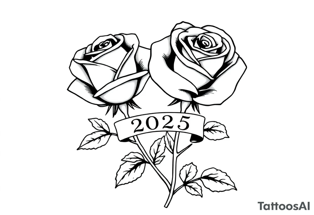 two beautiful large rose buds, one larger than the other, with many leaves next to the rose buds, with one sitting higher than the other. Include a banner connecting the two roses with the year "2025" on it.   Use dark outlines with little shading. The two stems should be short, not long, and connect and join into one stem, whimsically curved or twisted - not straight down. tattoo idea