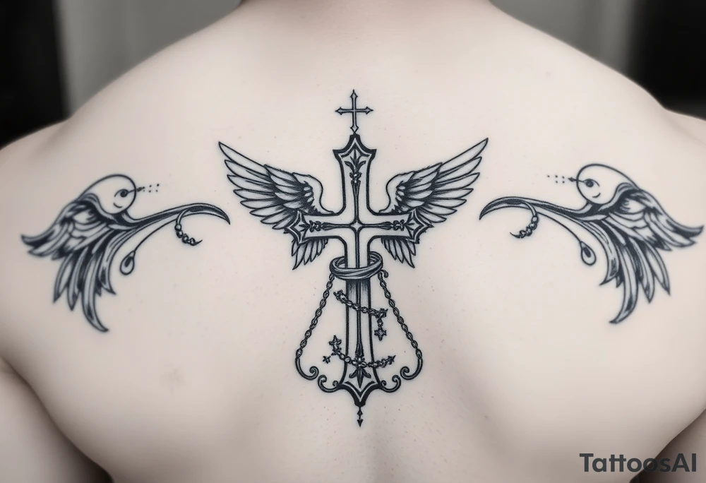 add cross neklace with one angel and some details cloud tattoo idea