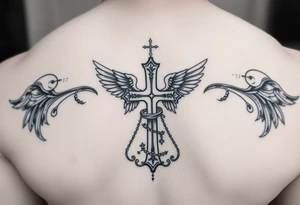 add cross neklace with one angel and some details cloud tattoo idea