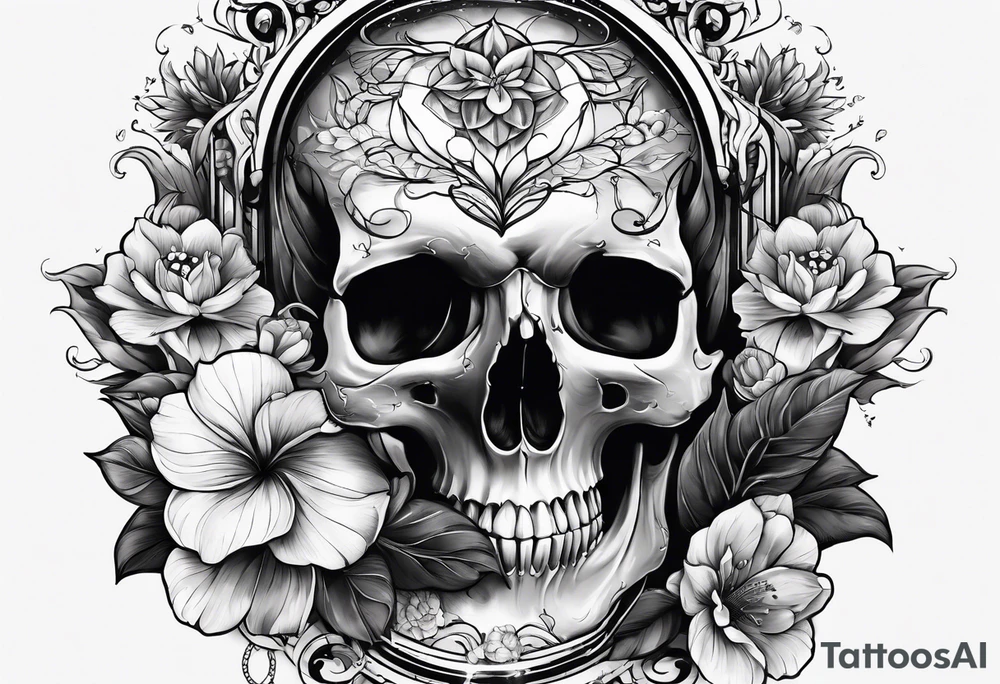 hummingbird, skull, flower, storm clouds tattoo idea