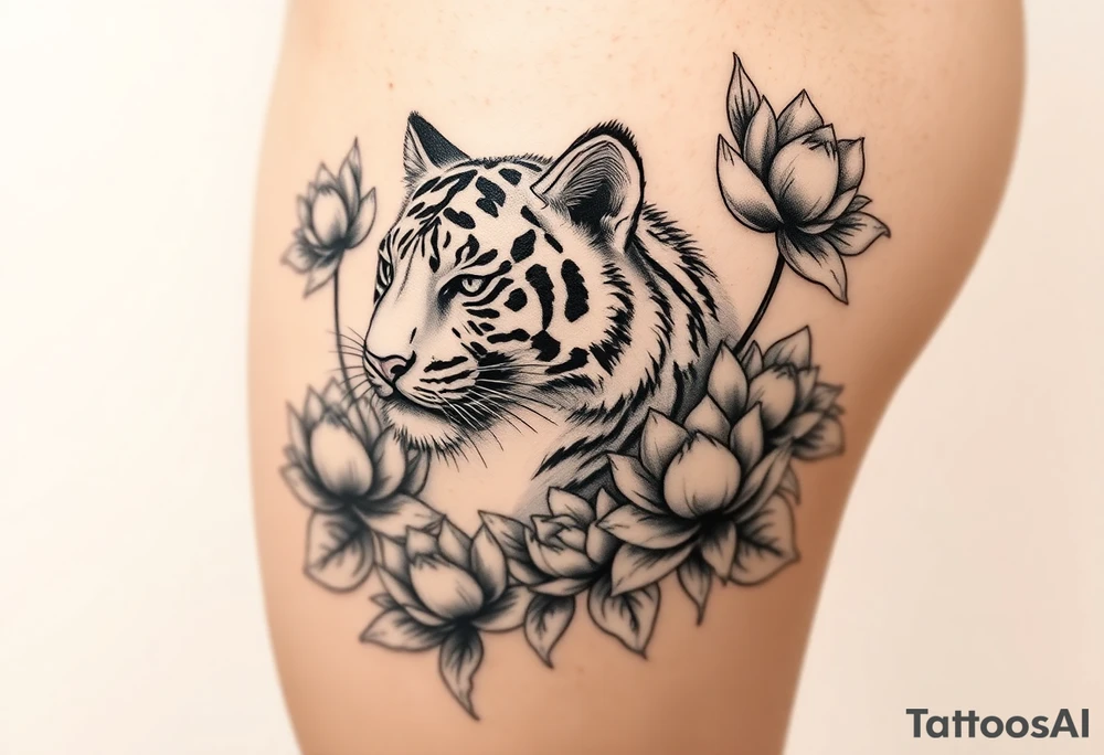 fierce tiger emerging through blooming lotus flowers in mist tattoo idea fierce tiger emerging through blooming lotus flowers in mist tattoo idea