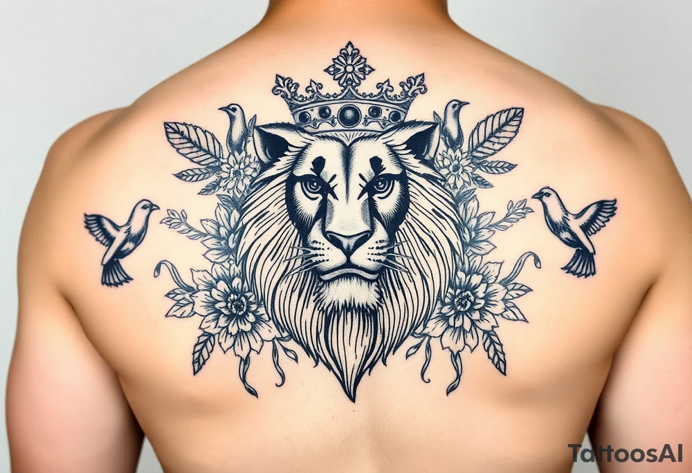powerful majestic lion with a crown, surrounded by floral ornaments and birds tattoo idea