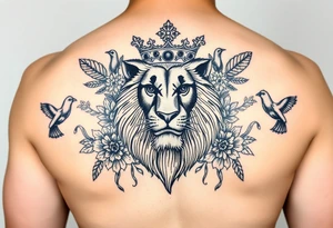 powerful majestic lion with a crown, surrounded by floral ornaments and birds tattoo idea