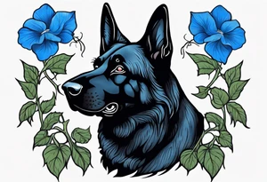 Black German shepherd portrait brightly colored with blue morning glories tattoo idea