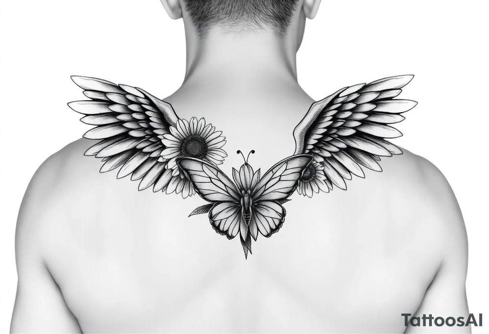 Sleeve with angel wings, sunflower and butterfly tattoo idea tattoo idea