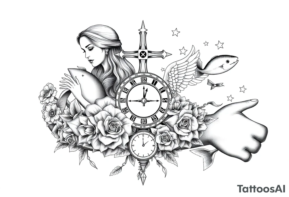Roulette casino and princess and jesus on cross, baby angels, roses and clock and stars and fish tattoo idea