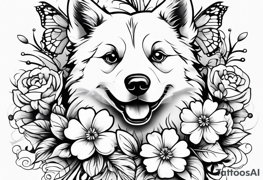 A paw print, flowers, butterflies tattoo idea