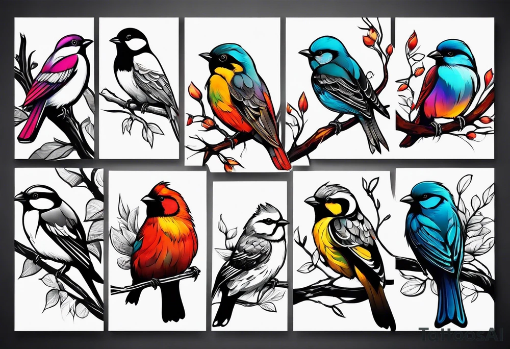 Seven small, colorful birds tattoo idea