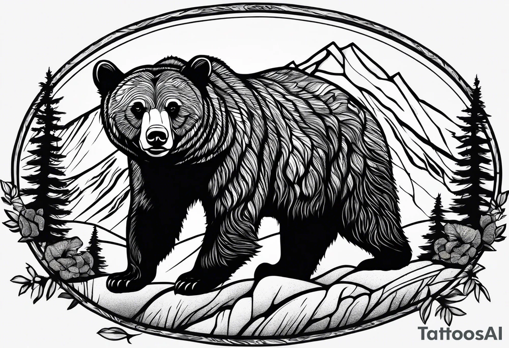 mamma bear and cub with mountains tattoo idea