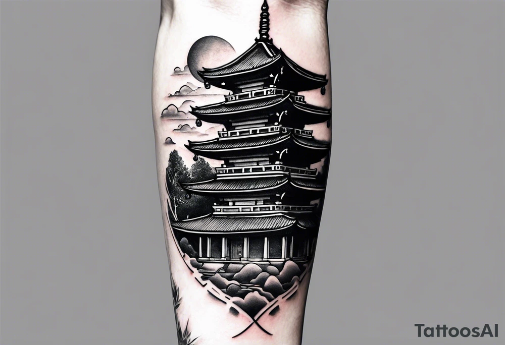 The back of a forearm including a old world map, a small Buddhist temple tattoo idea