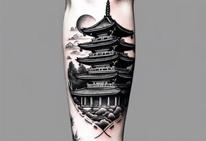 The back of a forearm including a old world map, a small Buddhist temple tattoo idea