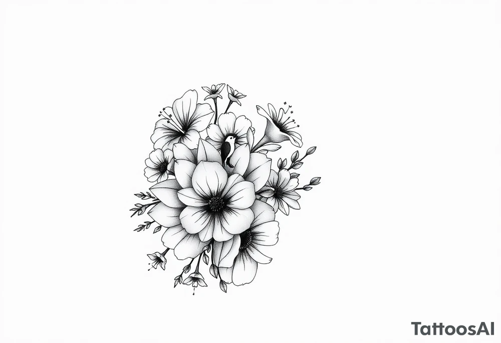 Can you create an image of a tattoo that will go on my upper arm including the following floral arrangement done very light handed and with soft lines- 1 large violet, 1 large carnation, 1 large lily of the valley, 1 large narcicuss, 1 medium carnation, 1 medium violet, 1 small dafodil, 2 small water lillies, and 1 small chrysanthemum. Add a small hummingbird drinking out of the large narcicuss. I want it on my upper right arm on the outside but slightly wrapping around the outer arm. I would like some greenery to fill in spaces as well. Make it large enough to fill my upper arm. I want the flowers to have dramatic and realistic shading. Make the tattoo more vertical than horizontal and put it on a female's arm with medium tan skin. tattoo idea