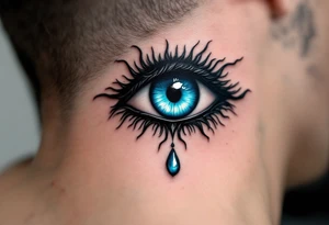 A black Nazar symbol (evil eye) with rich blue irises and a silver tear drop below. tattoo idea
