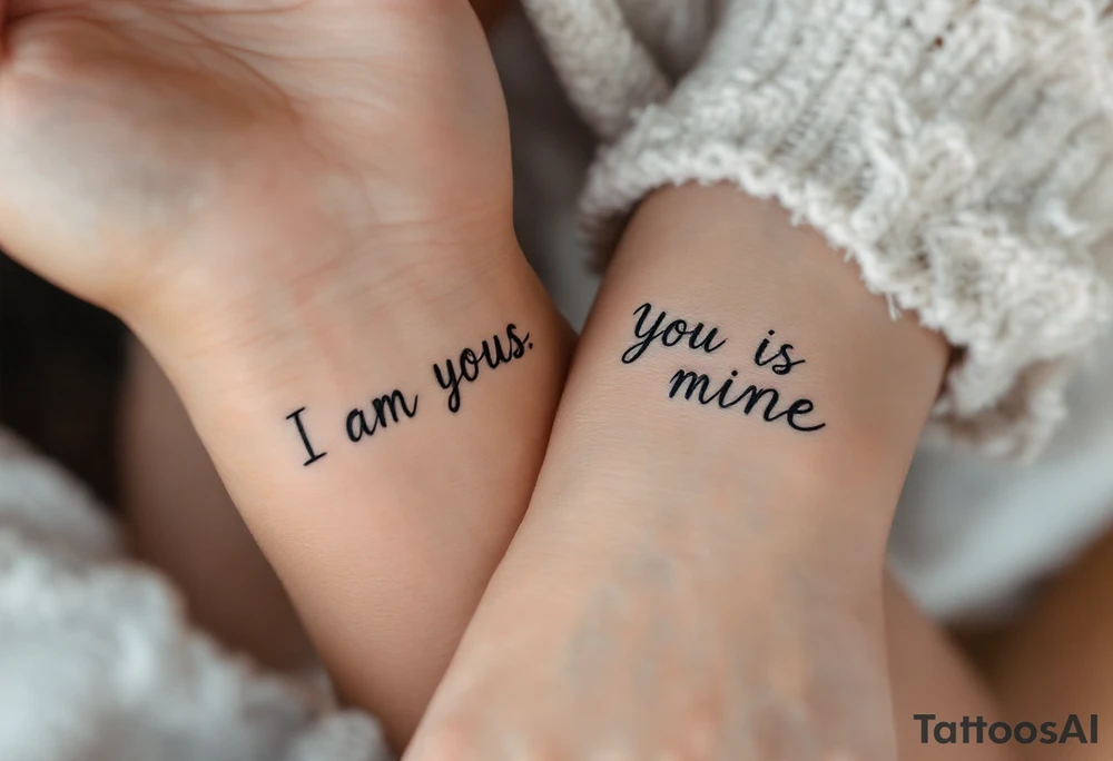 “I am yours” in soft gray on her wrist and “You are mine” in black on his neck symbolize mutual belonging. tattoo idea