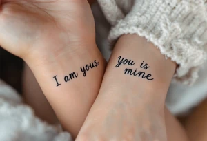 “I am yours” in soft gray on her wrist and “You are mine” in black on his neck symbolize mutual belonging. tattoo idea