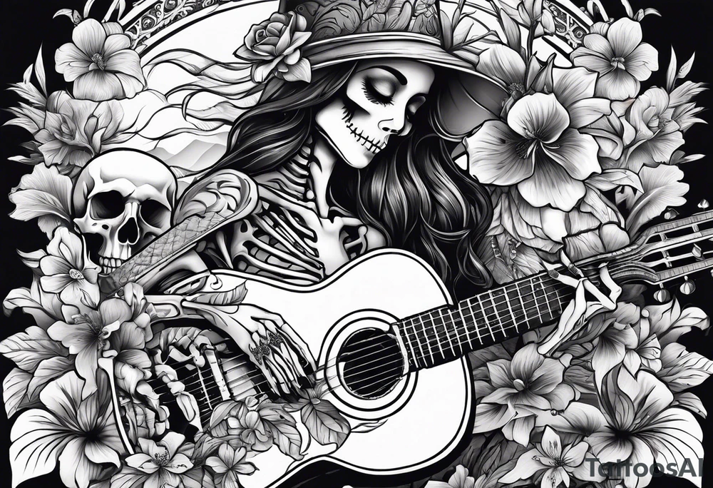 a female skeleton with hibisucs flowers, and a male skeleton playing guitar. tattoo idea