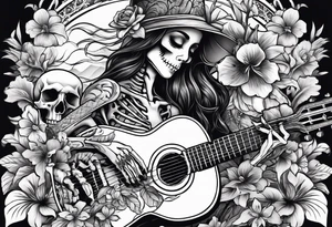 a female skeleton with hibisucs flowers, and a male skeleton playing guitar. tattoo idea