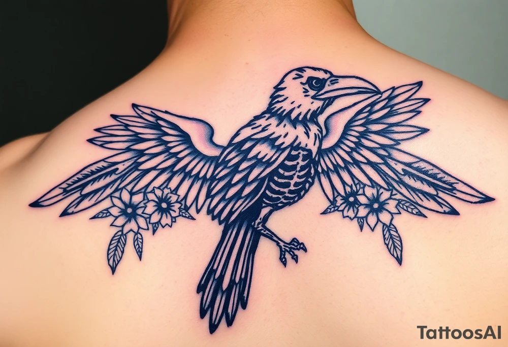 Raven skeleton with peackock feathers and ornaments around tattoo idea