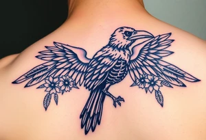 Raven skeleton with peackock feathers and ornaments around tattoo idea