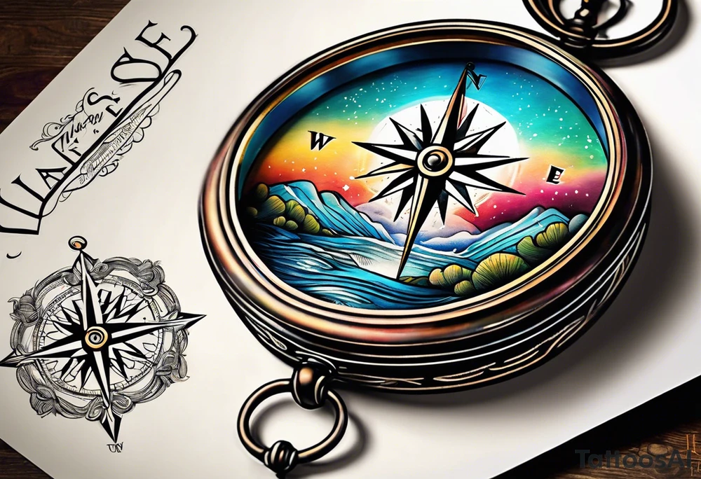 vintage compass with river falling over it tattoo idea