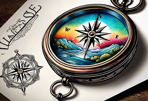 vintage compass with river falling over it tattoo idea