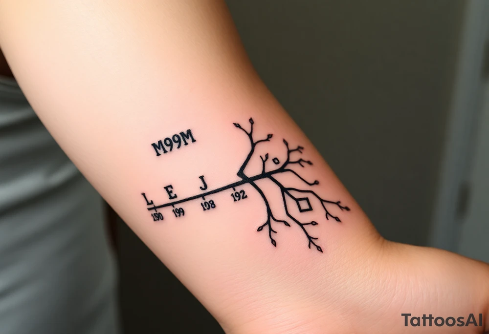Design it like this please 
          1957 <3 
    .......................
    1980   1989   1998   2000
     L          E          K          J
For above arm crease 
Mum on top
And kids under like a family tree timeline thing tattoo idea