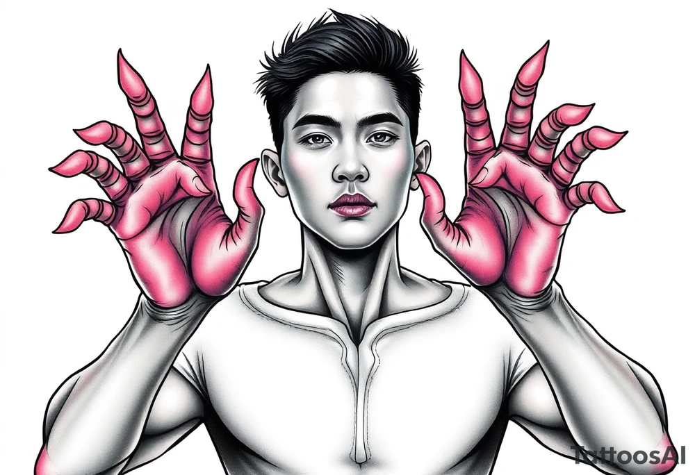 Handsome Asian young guy being holding by scary hands tattoo idea