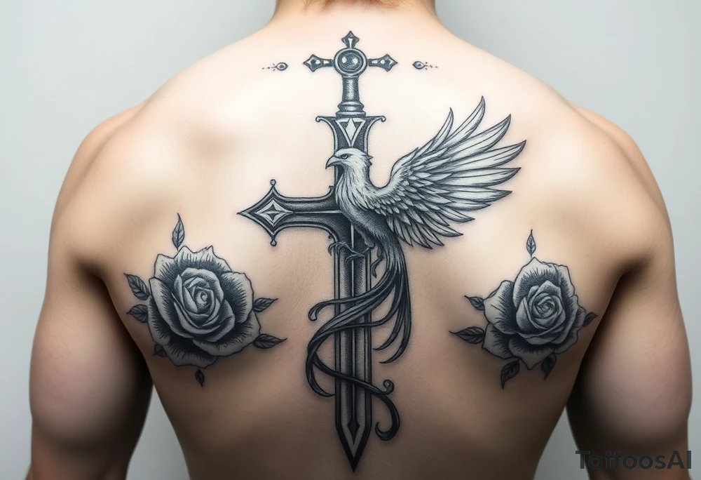 Cross sword darkened in with roses pearls and a phoenix rising from the ashes feminine the phoenix is not the main attraction the cross is on tricept tattoo idea