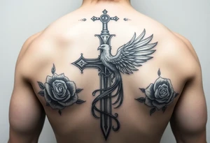 Cross sword darkened in with roses pearls and a phoenix rising from the ashes feminine the phoenix is not the main attraction the cross is on tricept tattoo idea