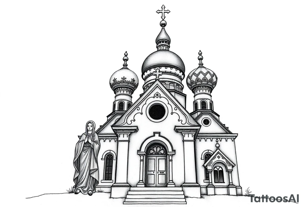 Russian orthodox church with bulb domes with a prominent russian orthodox style virgin mary stood outside to the left russian themed tattoo idea