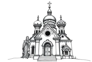 Russian orthodox church with bulb domes with a prominent russian orthodox style virgin mary stood outside to the left russian themed tattoo idea