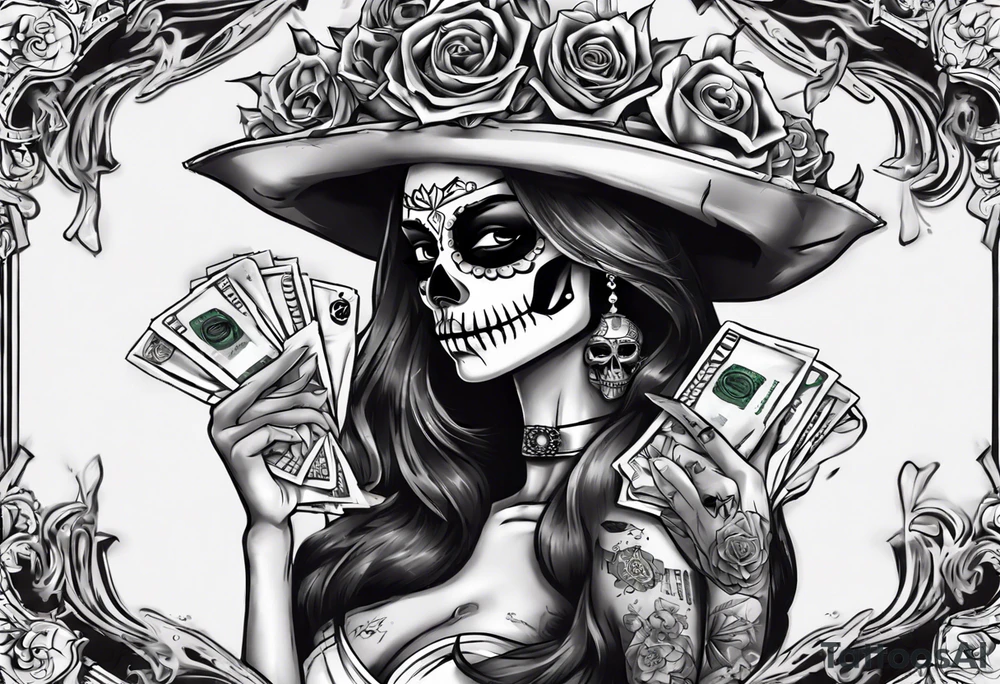 santa la muerta with money and crown
on the card tattoo idea