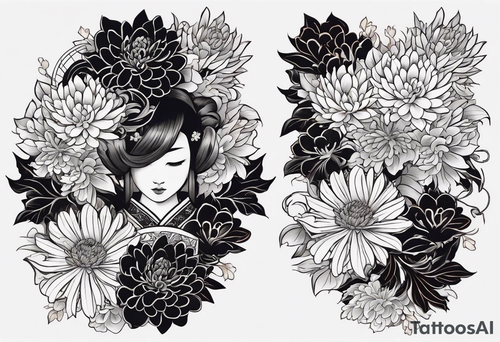 I want to combine japanese and ornamental styles. I want to have a full sleeve tattoo. i want a japanese mask in the top, japanese Chrysanthemum Flower in the bottom and fill the rest with ornamental tattoo tattoo idea