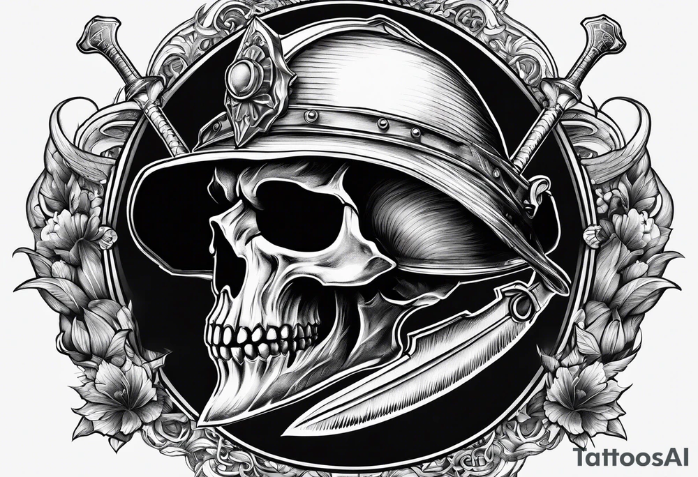 fisherman, a knight's helmet, a floorball ball, a ram's skull tattoo idea