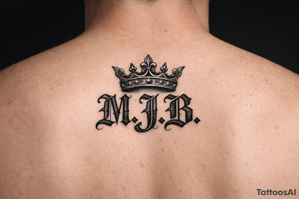 Put the initials 𝔐.𝔍.𝔅 in the same font underneath my breast with a crown ontop that’s not too thin not too thick tattoo idea