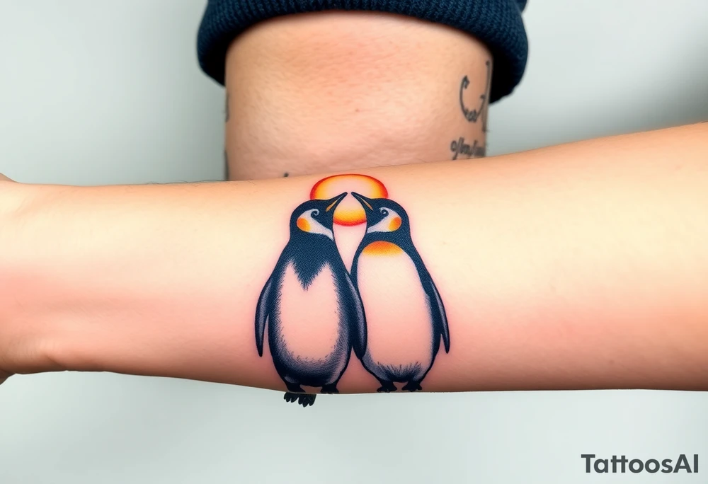 Penguins cuddling each other, looking away towards a sunset tattoo idea