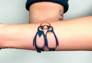 Penguins cuddling each other, looking away towards a sunset tattoo idea
